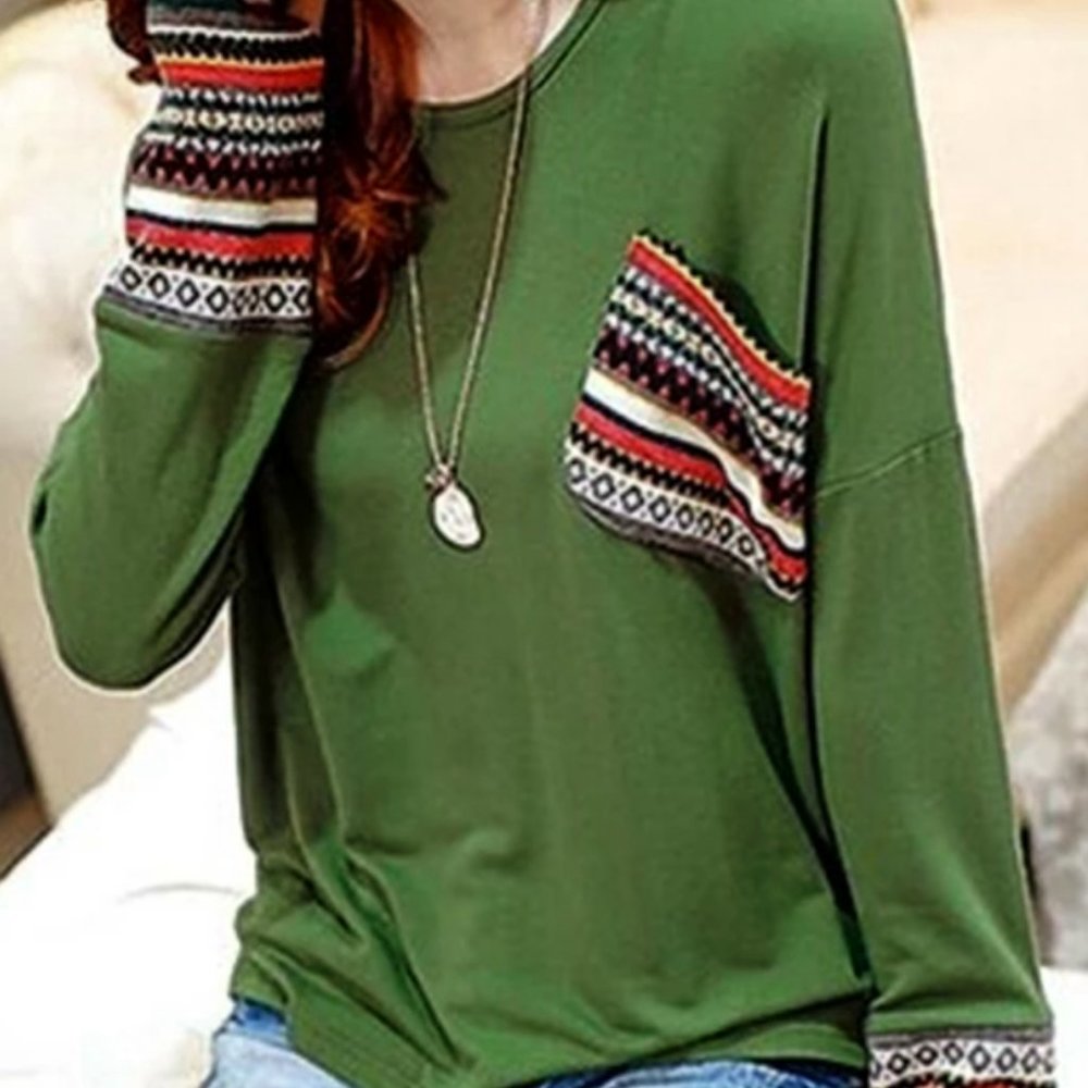 Drop Shoulder Pocket Patchwork Top